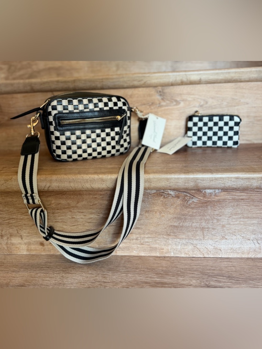 Universal Thread Black and White Checker Crossbody Bag with Matching Card Wallet